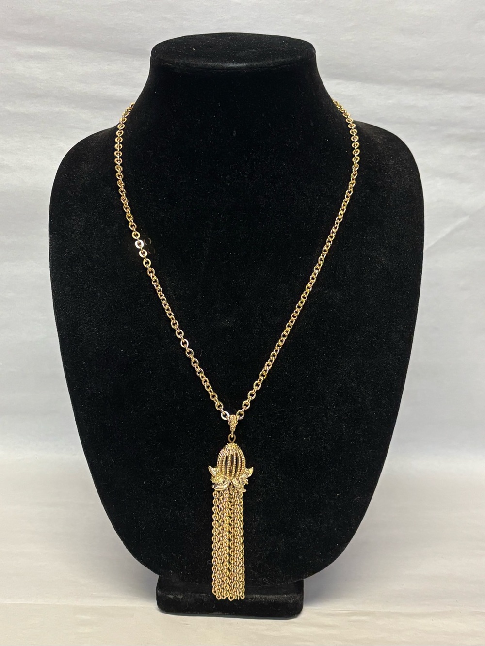 Signed Monet Gold Tone 24” Tassel Pendant Necklace 27in #6059